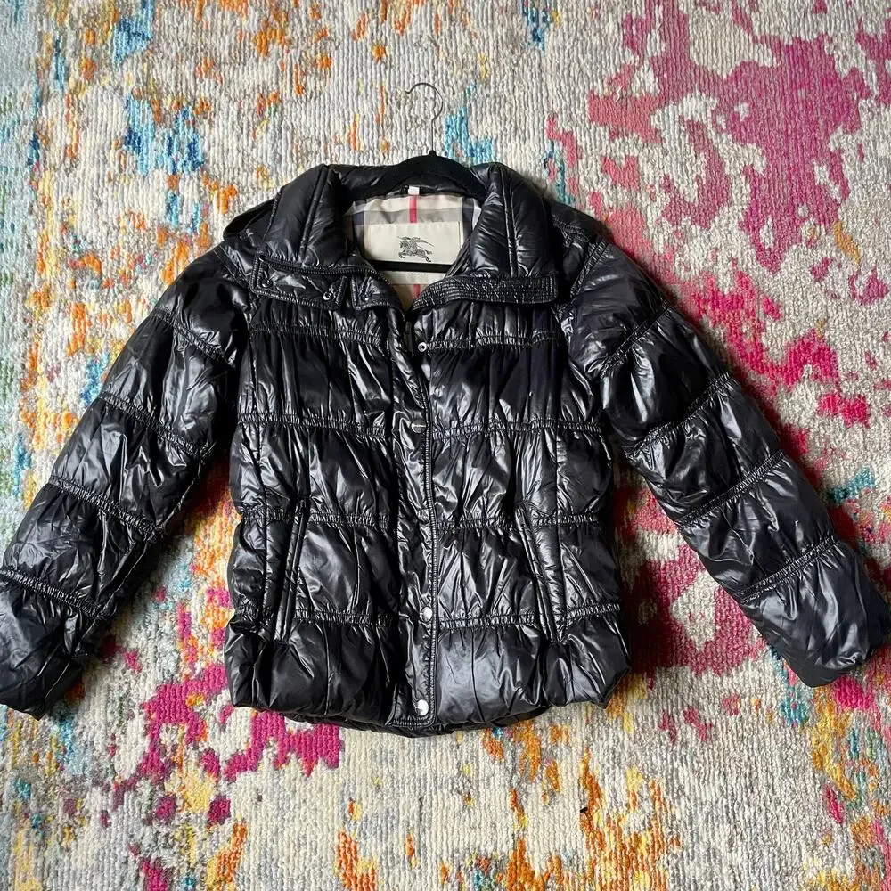 Burberry Black Goose Down Quilted Puffer Jacket sz M Medium Coat Shiny - Picture 2 of 12